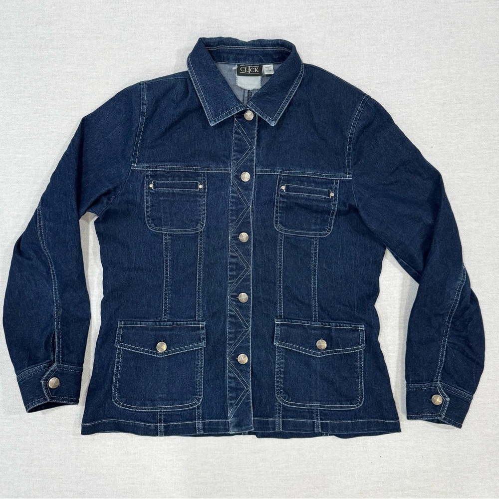 Women's Denim Jean Jacket Dark Wash Size Medium - Double Breasted Pockets